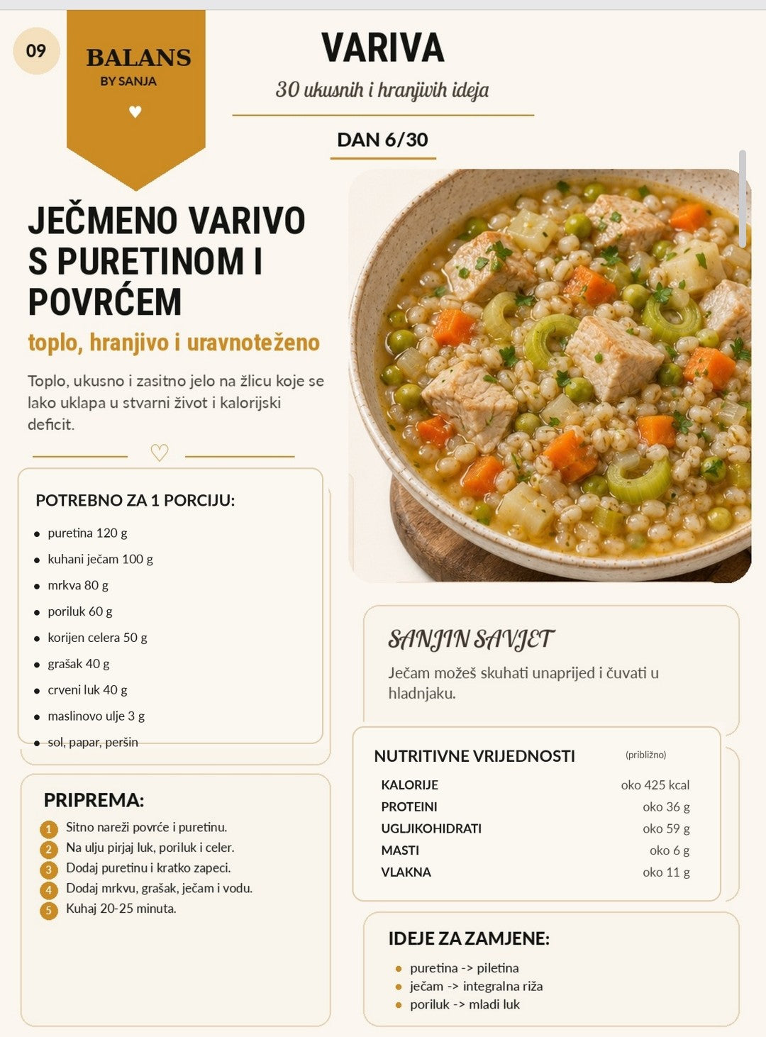 Ječmeno varivo s puretinom i povrćem kao primjer normalnog obroka u kalorijskom deficitu