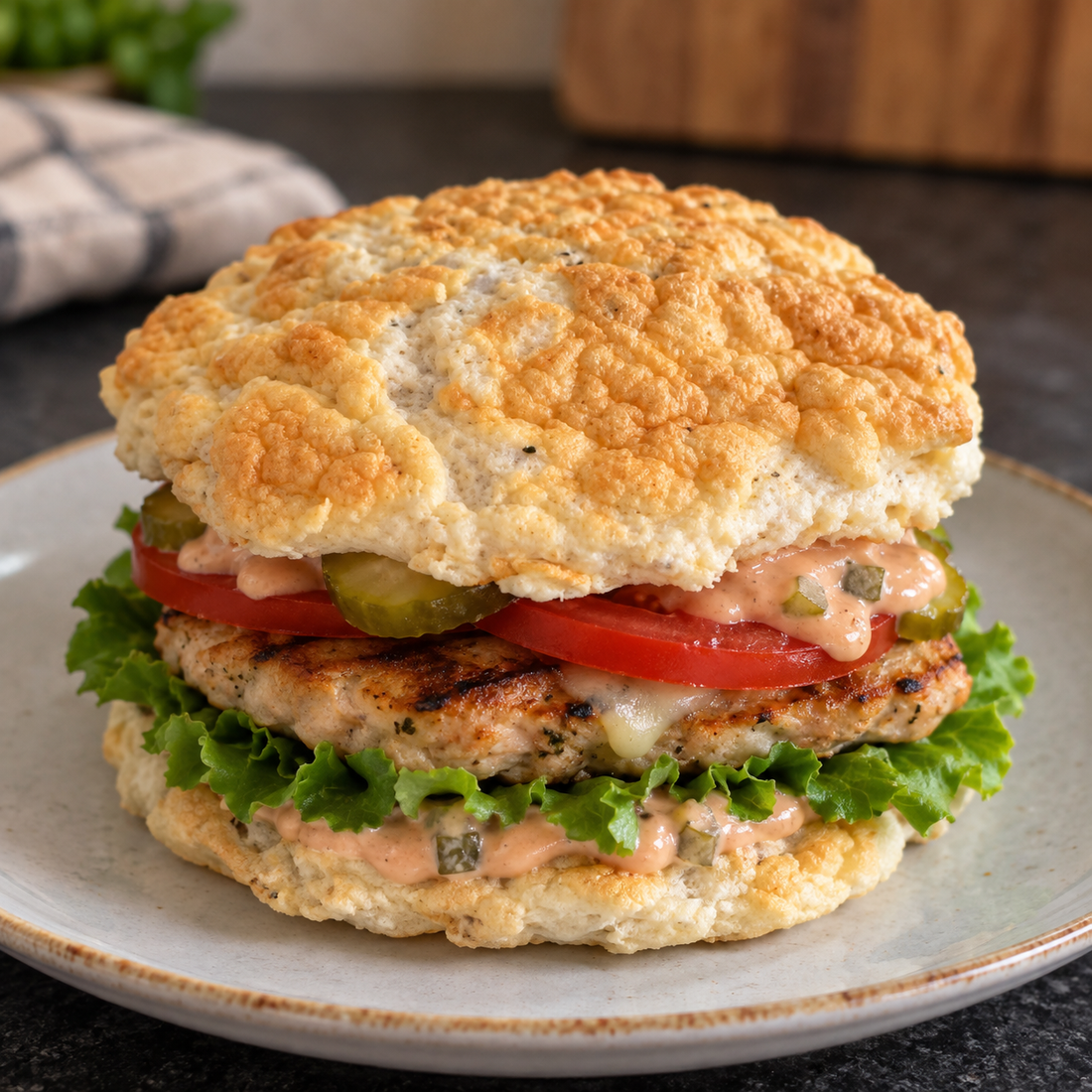 Lažni pileći burger s domaćim pecivom od jaja i posnog sira – BALANS by Sanja