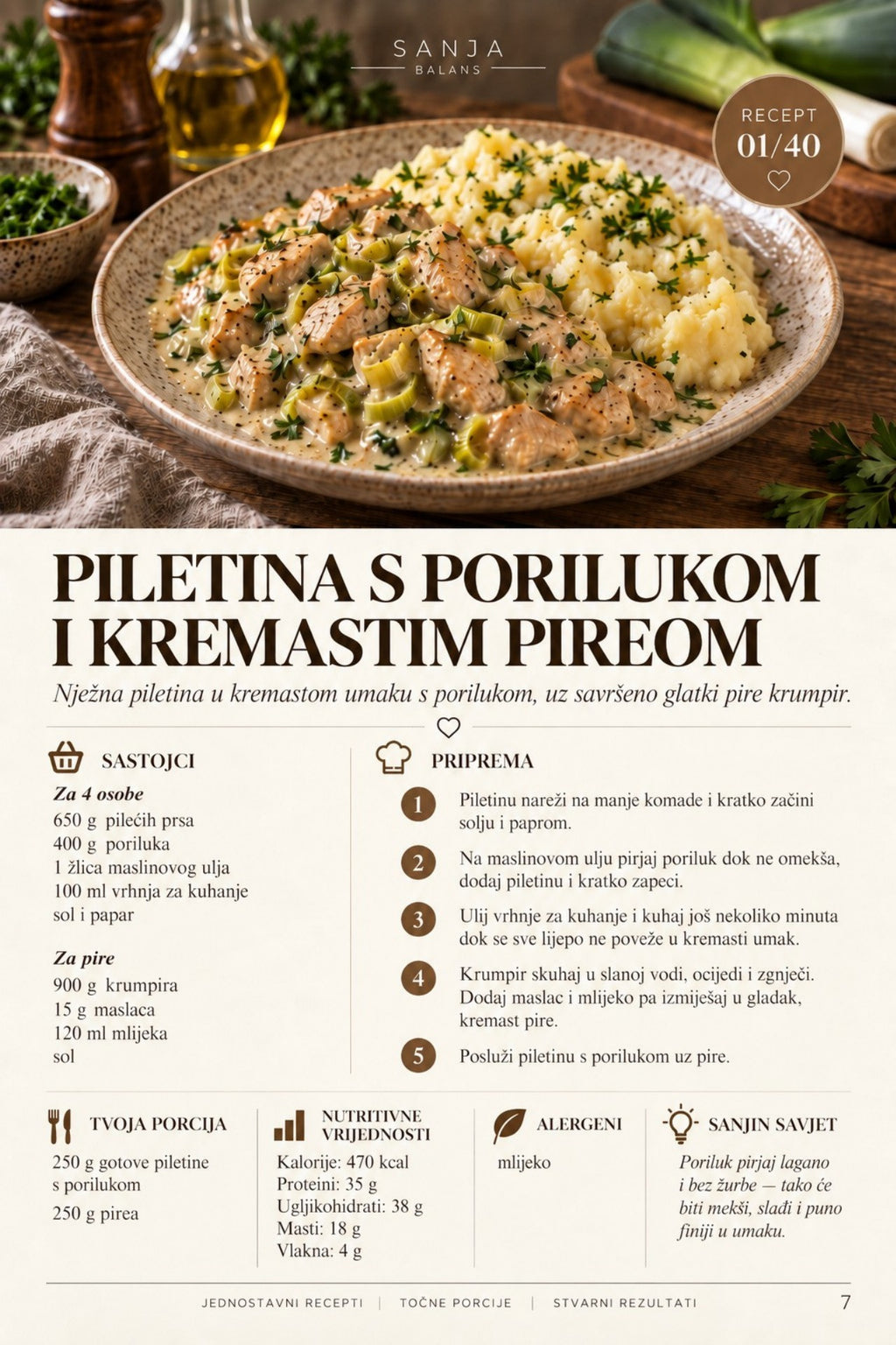 Primjer receptne stranice – piletina s porilukom i kremastim pireom iz kuharice Balkanski stol