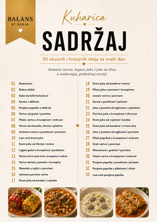 Sadržaj digitalne PDF kuharice Variva – 30 recepata BALANS by Sanja