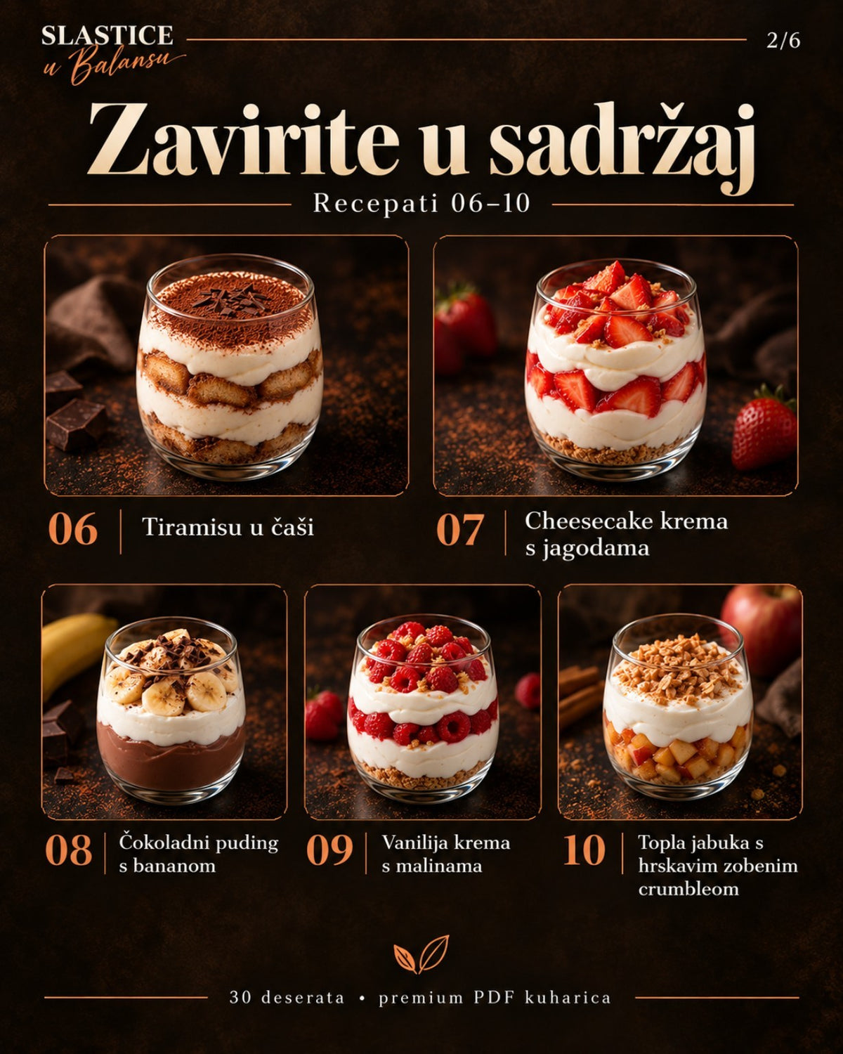 Sadržaj kuharice Slastice u Balansu – tiramisu u čaši, cheesecake s jagodama i čokoladni puding