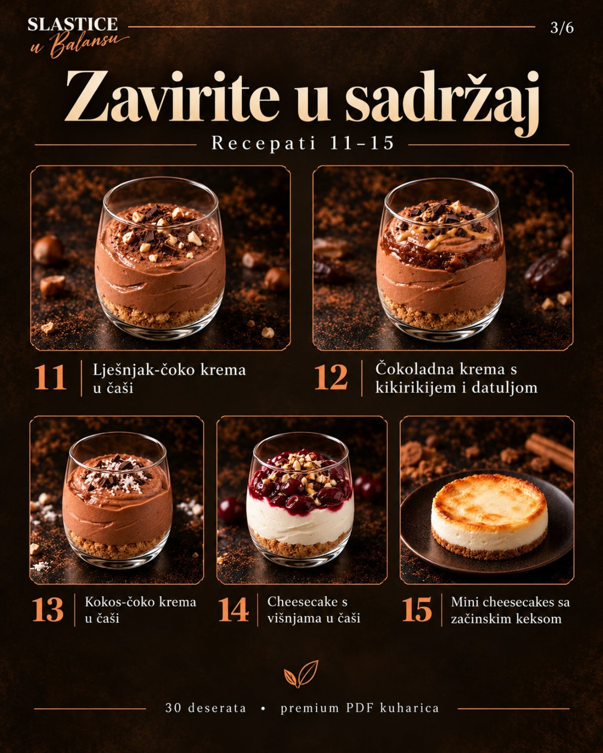 Sadržaj kuharice Slastice u Balansu – recepti 11 do 15, čokoladne kreme i cheesecake