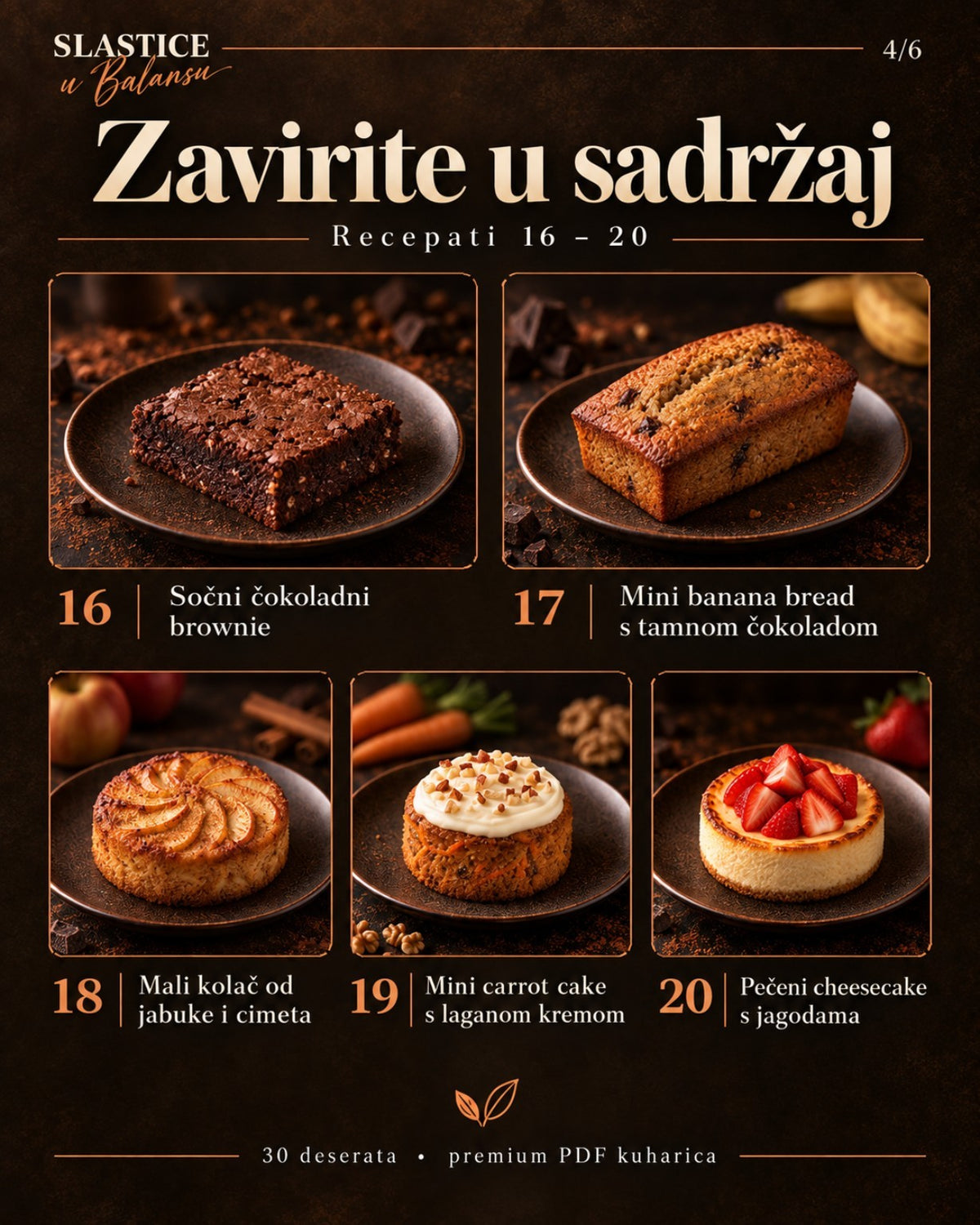 Sadržaj kuharice Slastice u Balansu – recepti 16 do 20, brownie, banana bread i carrot cake